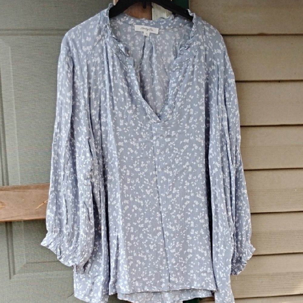 Monday Fun Gray/Baby Blue Flutter Sleeve Tunic with Mandarin Collar